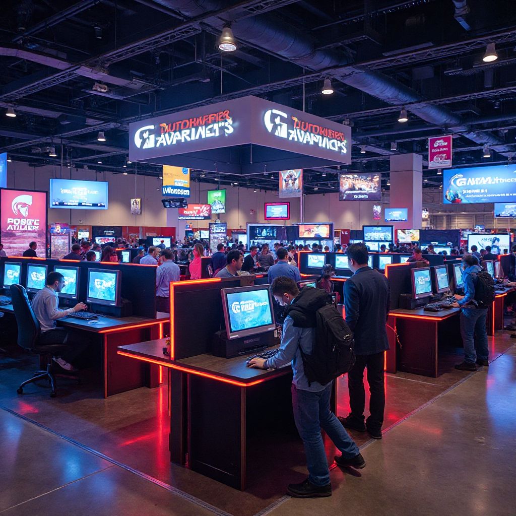 Team setting up main gaming exhibition hall with displays