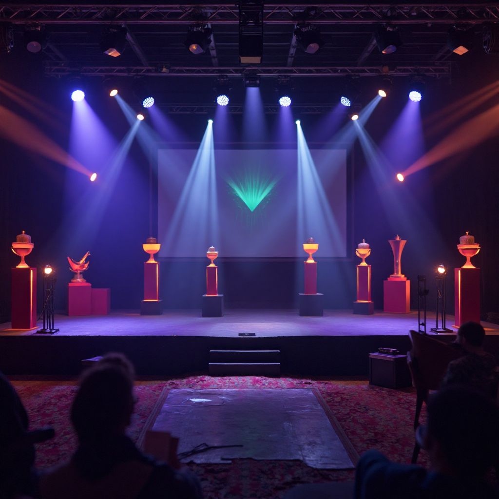 Awards ceremony preparation with stage lighting and trophies
